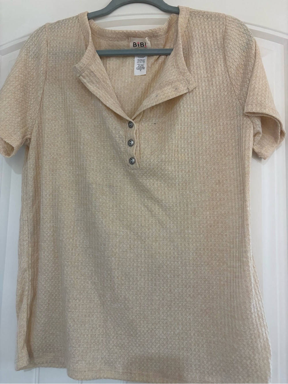 BiBi Beige Textured Henley Short Sleeve Top